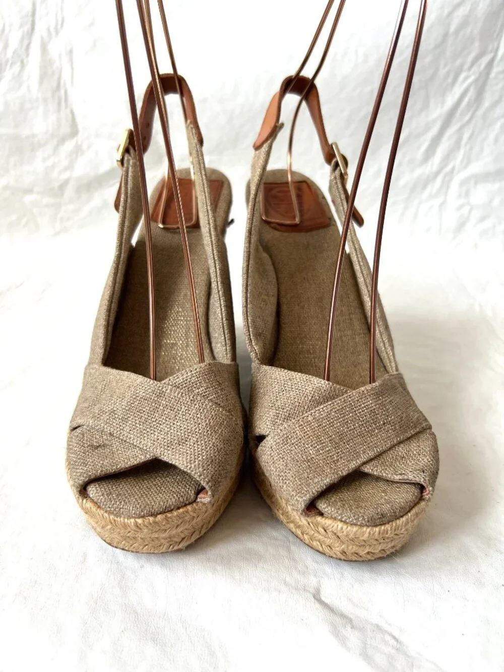Tory Burch espadrille sandals womens 8 beige canvas wedge slingback ankle strap